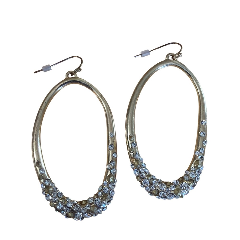Gold Tone Rhinestone Oval Hoop Dangle Earrings Textured Sparkly Statement